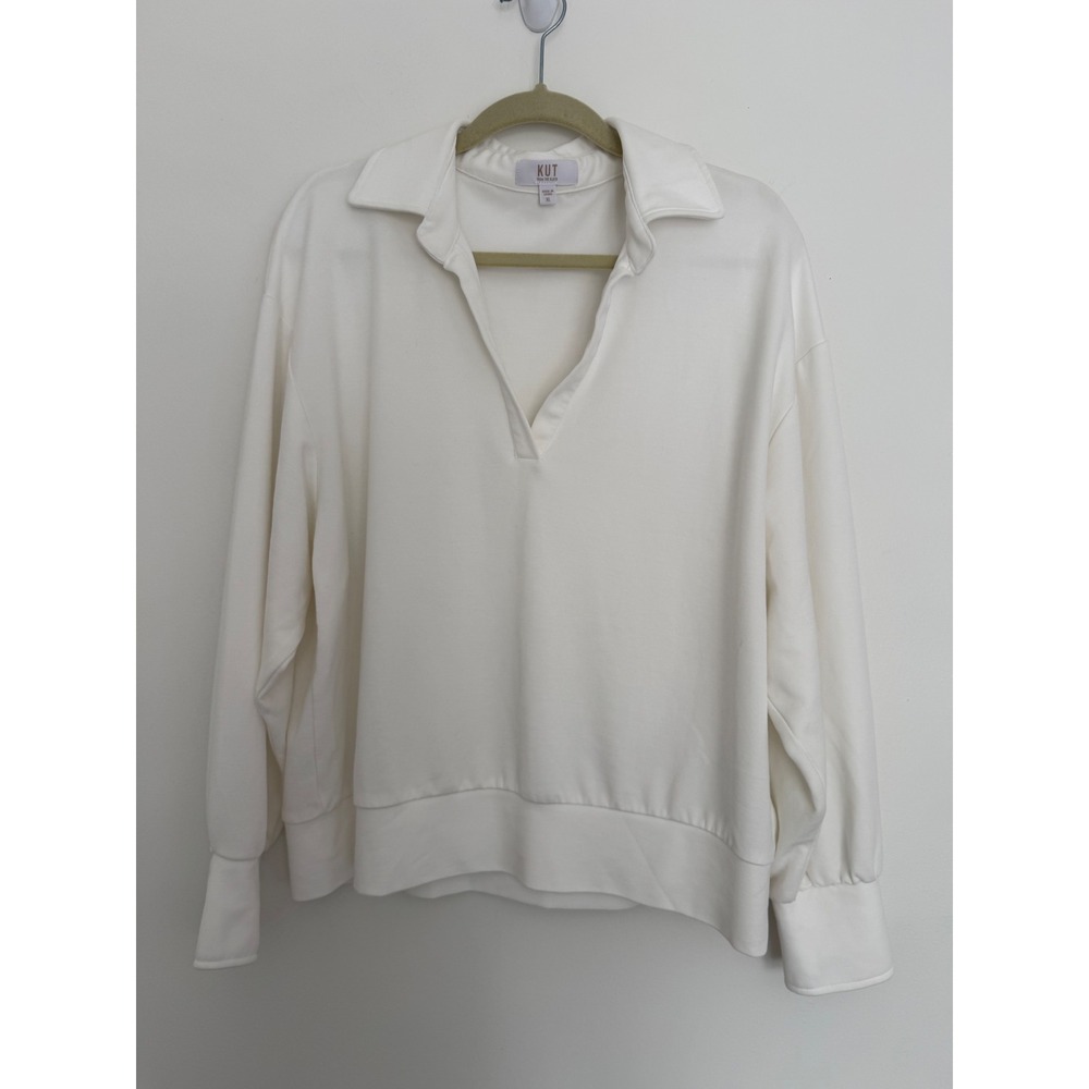 Women's KUT From The Kloth White Vneck Collared Sweatshirt Button Wrist Cuffs XL